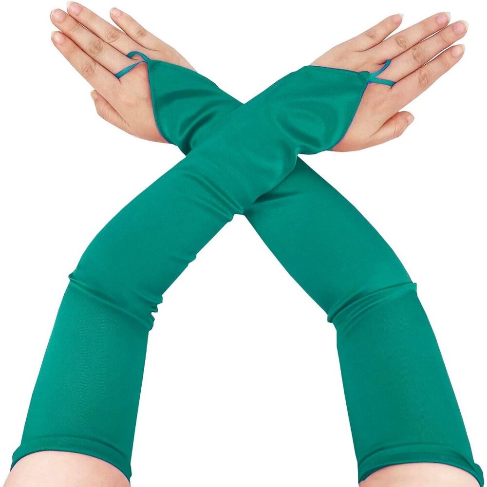 Women's Green Stretchy Finger Loop Fingerless Satin Elbow Length Opera Gloves